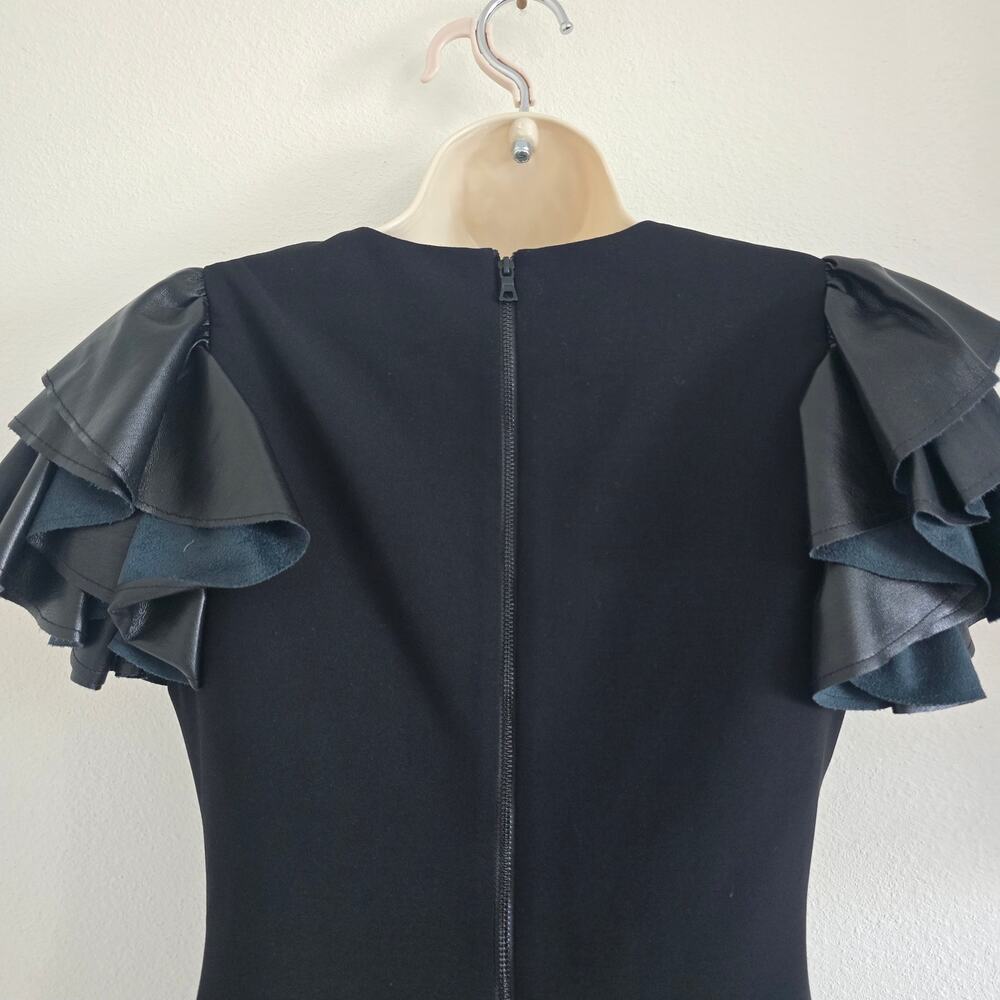 Alice + Olivia Black Eunice Vegan Leather Ruffle-sleeve Mini Dress Size 2 LBD - Picture 5 of 8